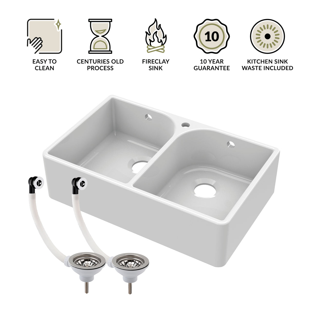 Double Bowl Fireclay Butler Kitchen Sink -  Bundle Includes Full Weir, Tap Hole & Wastes