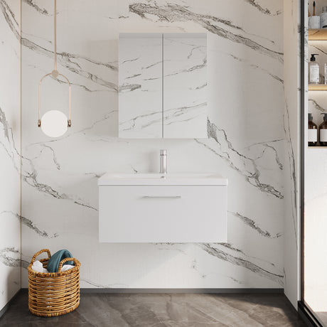 Wall Hung 1 Drawer Vanity Unit with Mid-Edge Ceramic Basin - Choice of Colour, Handle Finish and Size