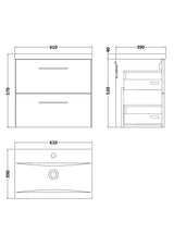Wall Hung 2 Drawer Vanity Unit with Mid-Edge Ceramic Basin - Choice of Colour, Handle Finish and Size