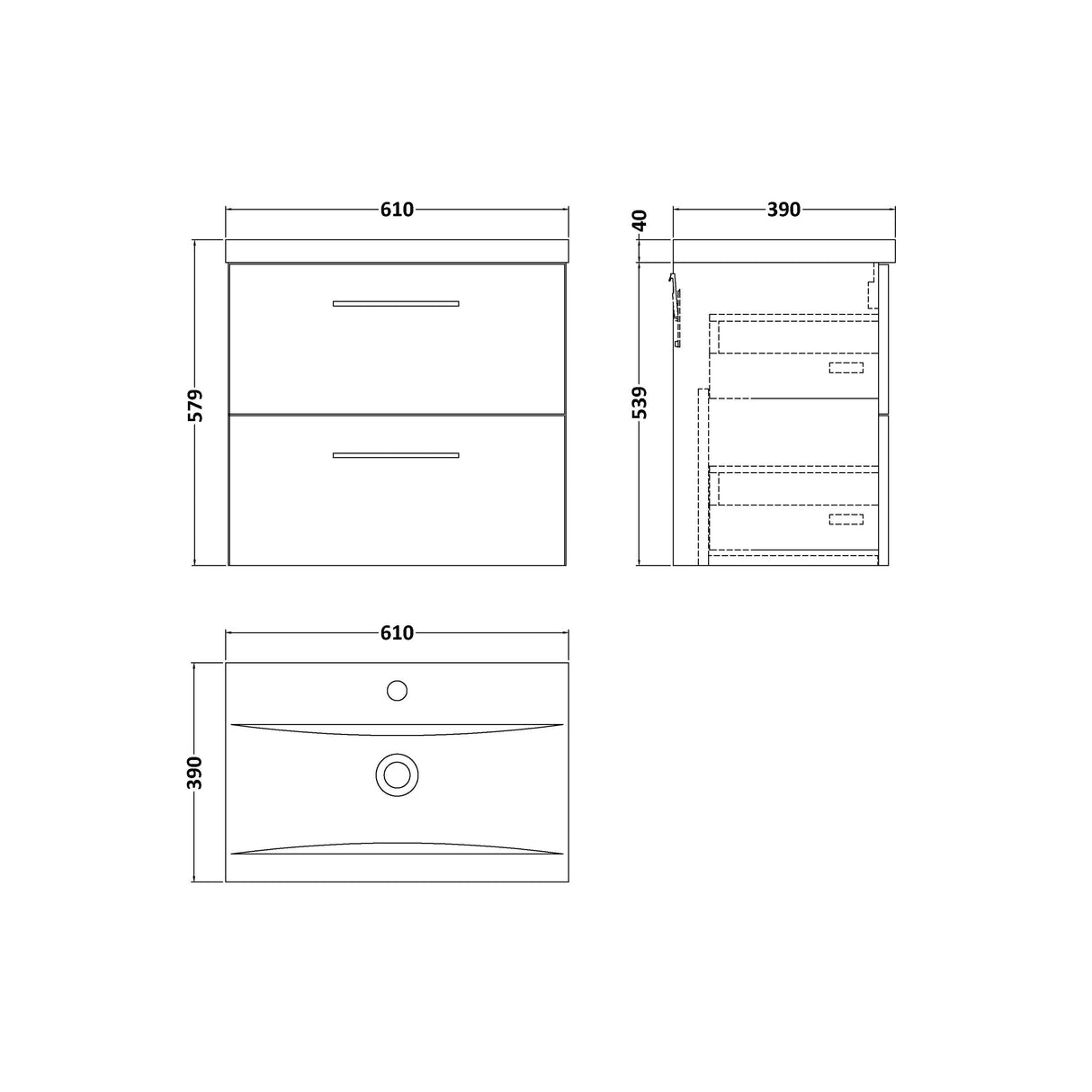 Wall Hung 2 Drawer Vanity Unit with Mid-Edge Ceramic Basin - Choice of Colour, Handle Finish and Size