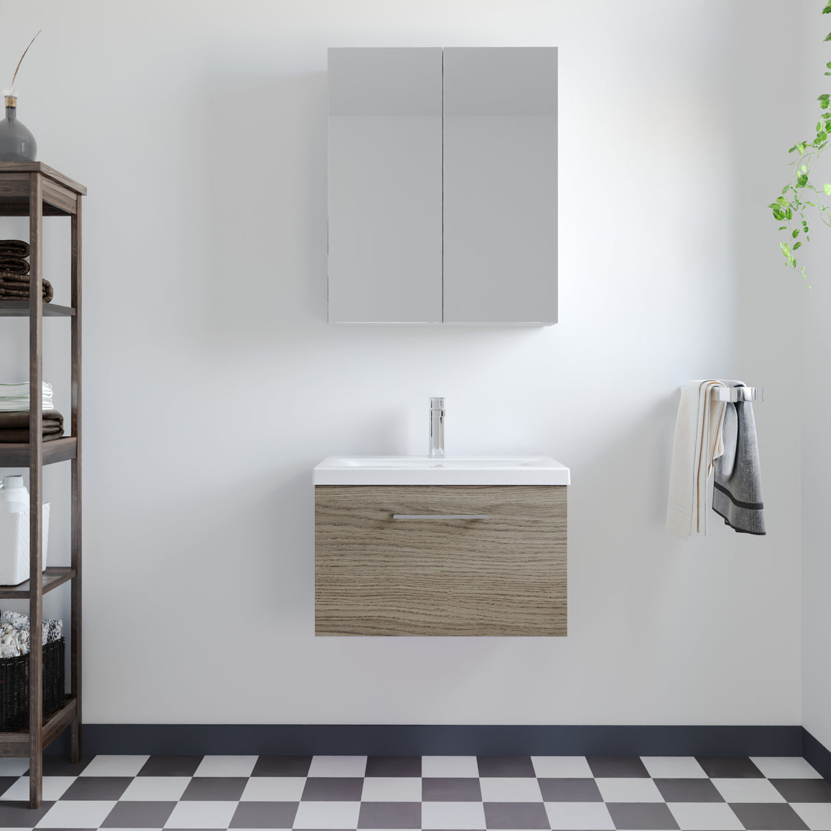 Wall Hung 1 Drawer Vanity Unit with Mid-Edge Ceramic Basin - Choice of Colour, Handle Finish and Size