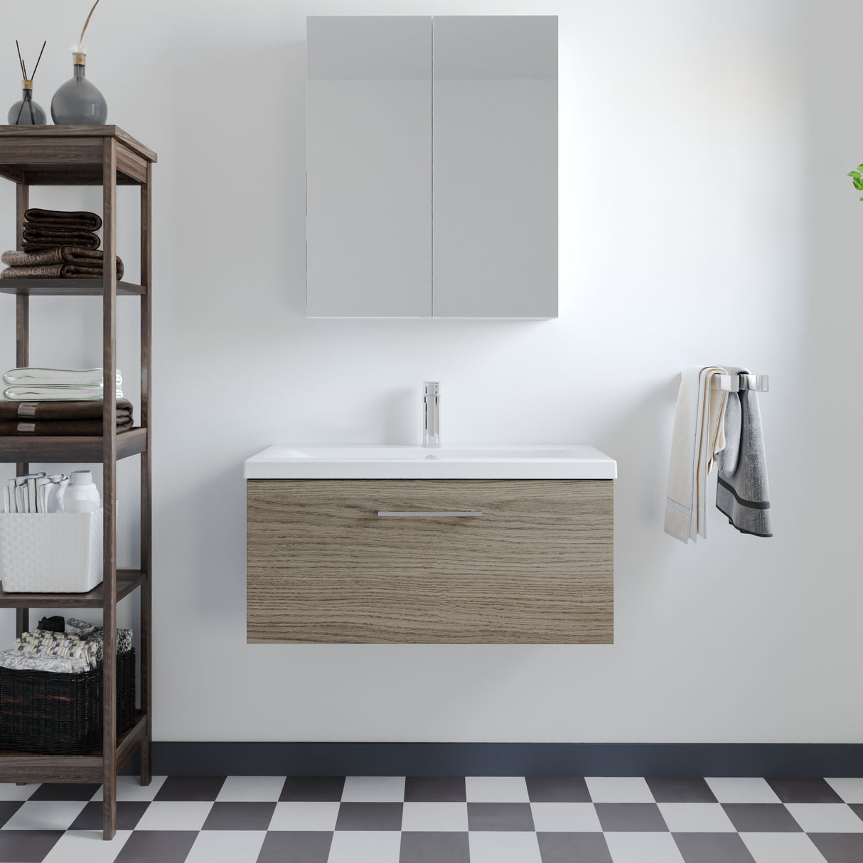 Wall Hung 1 Drawer Vanity Unit with Mid-Edge Ceramic Basin - Choice of Colour, Handle Finish and Size