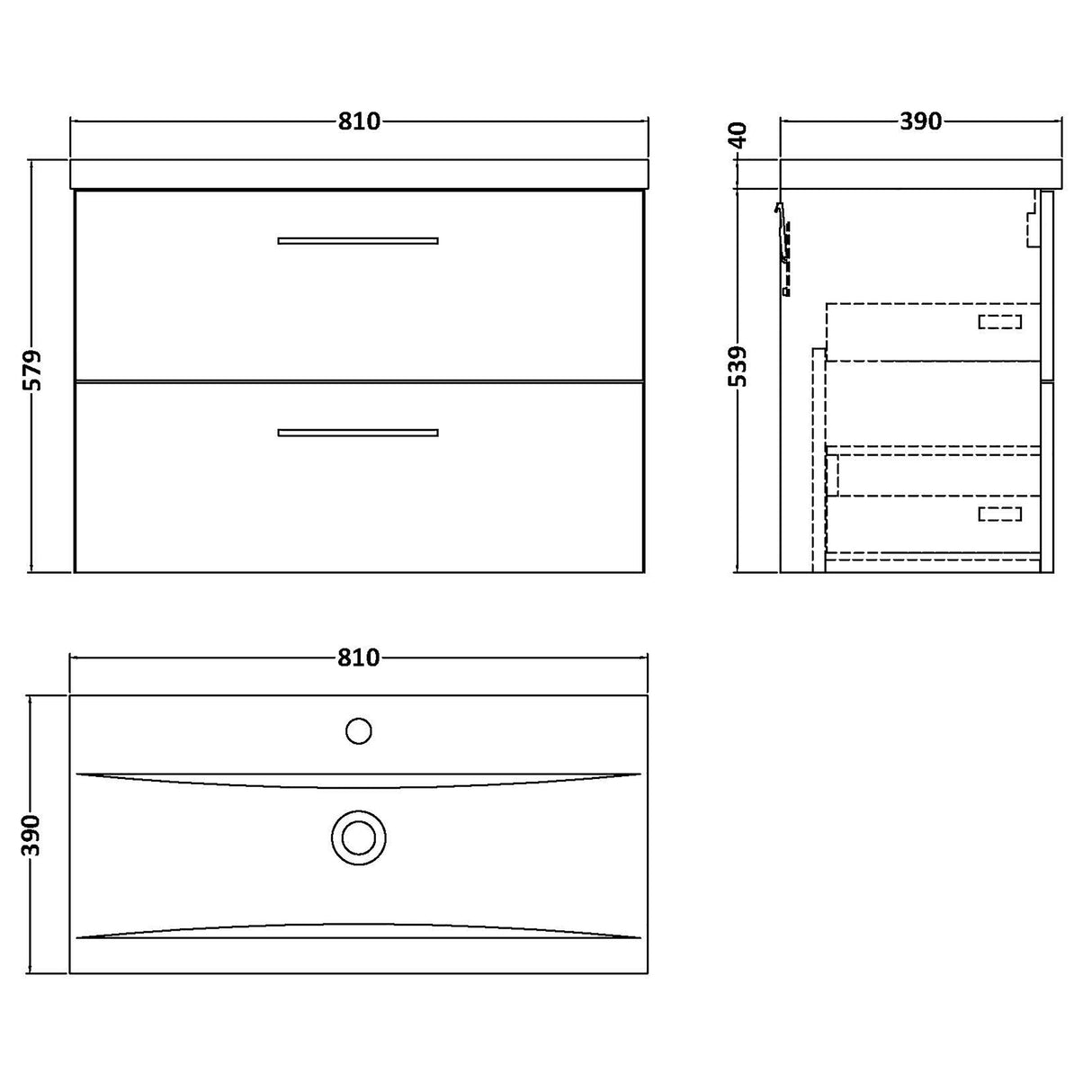 Wall Hung 2 Drawer Vanity Unit with Mid-Edge Ceramic Basin - Choice of Colour, Handle Finish and Size