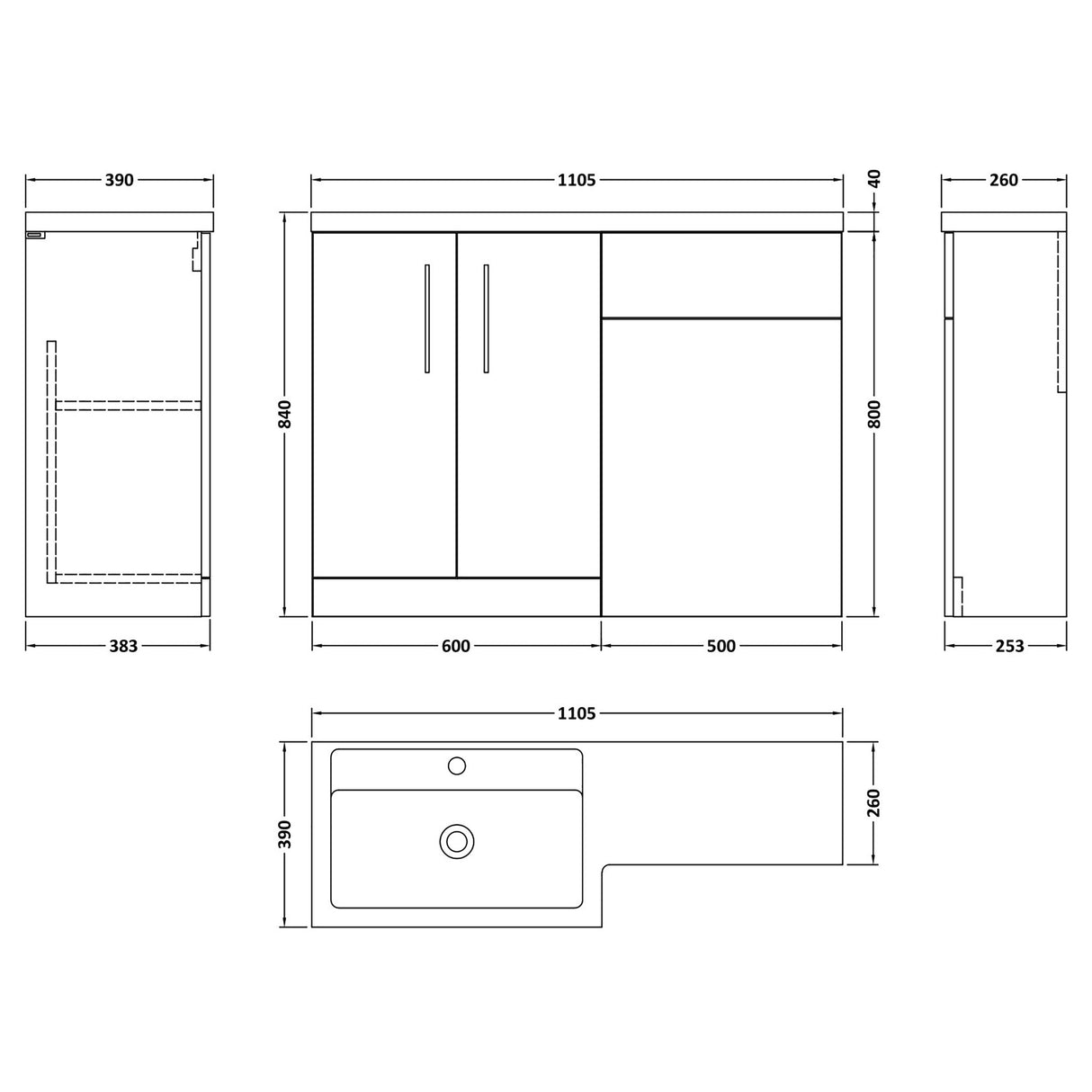 Bathroom Vanity Unit with Basin & WC Unit, Left Hand, 1100mm x 390mm - Choice of Colour
