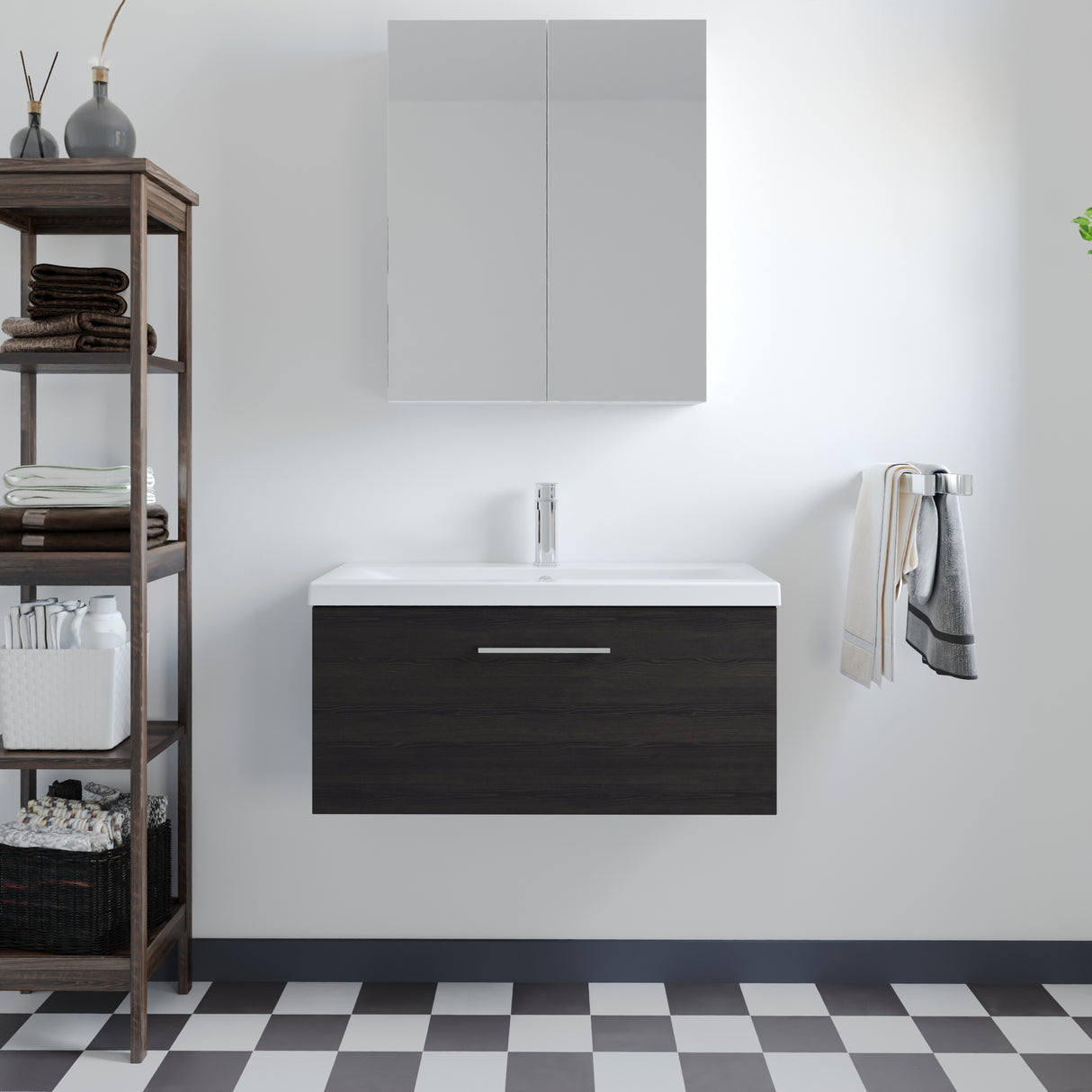 Wall Hung 1 Drawer Vanity Unit with Mid-Edge Ceramic Basin - Choice of Colour, Handle Finish and Size