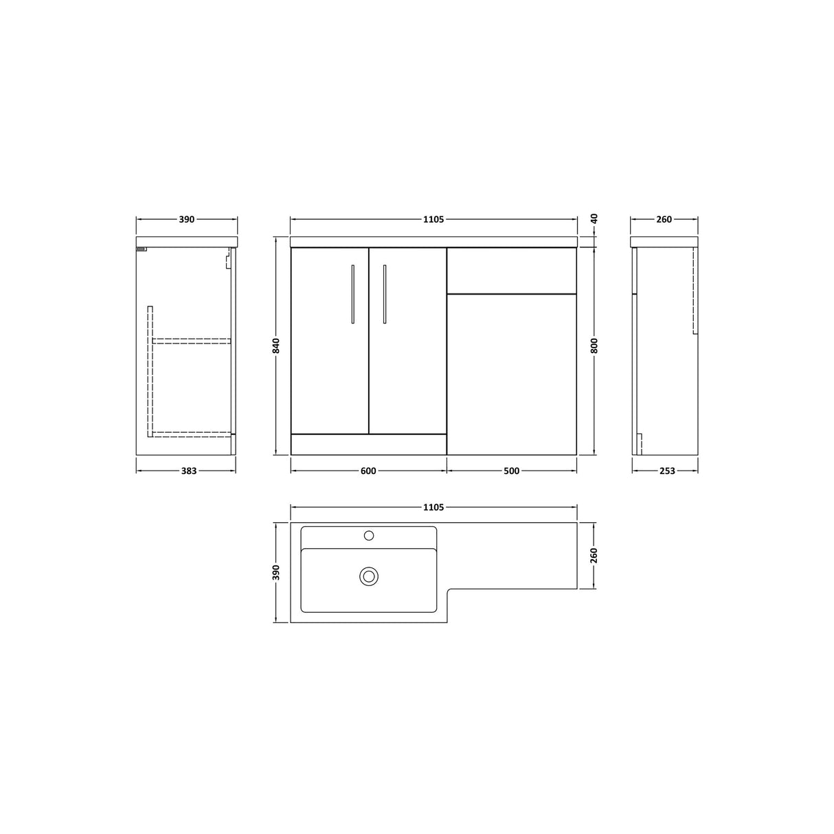 Bathroom Vanity Unit with Basin & WC Unit, Left Hand, 1100mm x 390mm - Choice of Colour