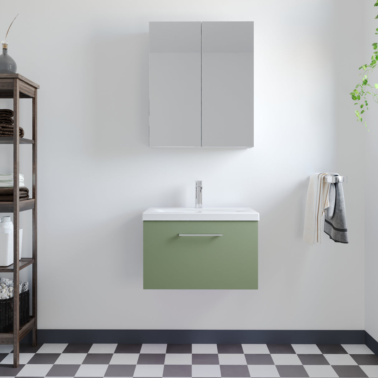 Wall Hung 1 Drawer Vanity Unit with Mid-Edge Ceramic Basin - Choice of Colour, Handle Finish and Size