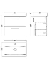 Wall Hung 2 Drawer Vanity Unit with Mid-Edge Ceramic Basin - Choice of Colour, Handle Finish and Size
