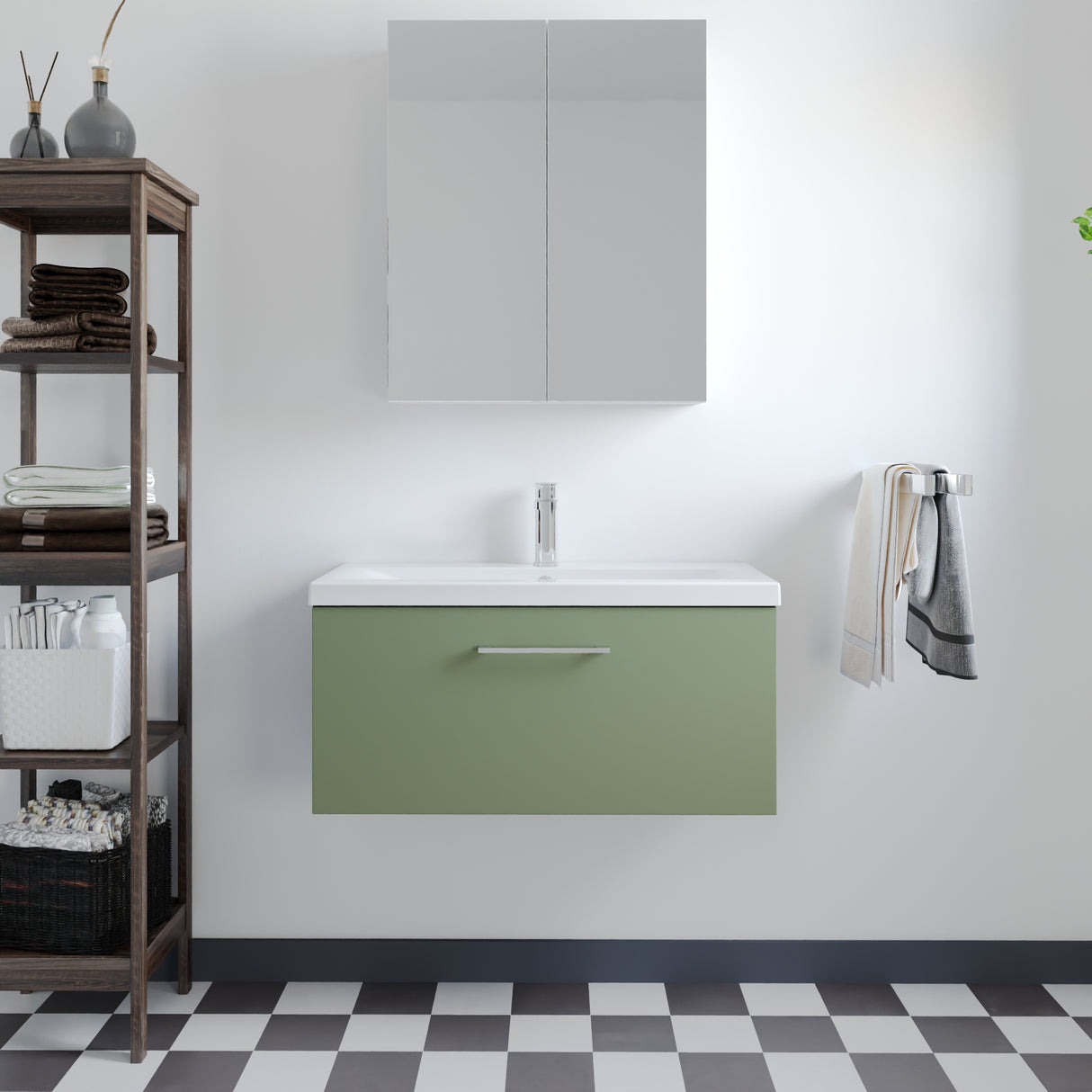 Wall Hung 1 Drawer Vanity Unit with Mid-Edge Ceramic Basin - Choice of Colour, Handle Finish and Size