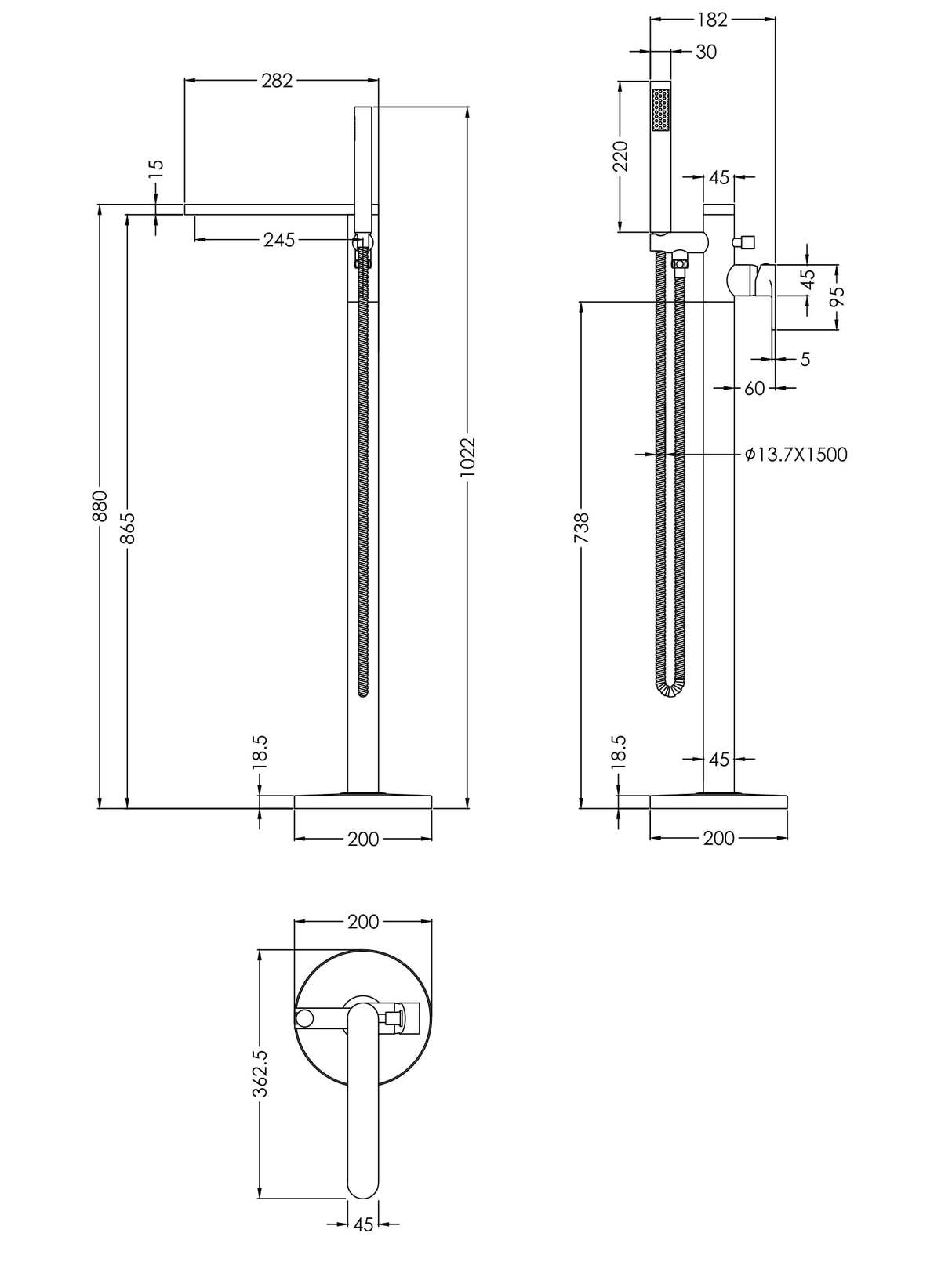 Contemporary Freestanding Round Bath Shower Mixer Tap with Kit - Choice of Colour