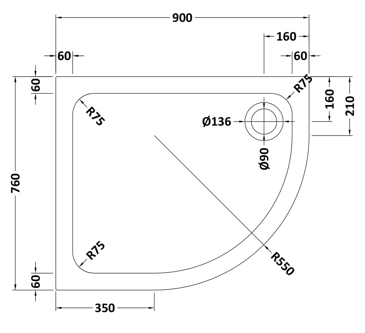Bathroom Offset Quadrant Shower Tray, Anti-Slip, Choice of Size and Orientation