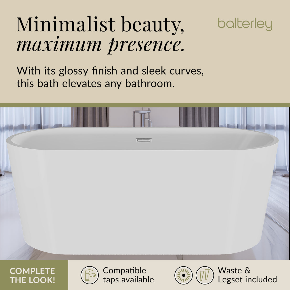 Contemporary Rounded Rectangular Freestanding Bath and Waste from Balterley - Multiple Sizes Available