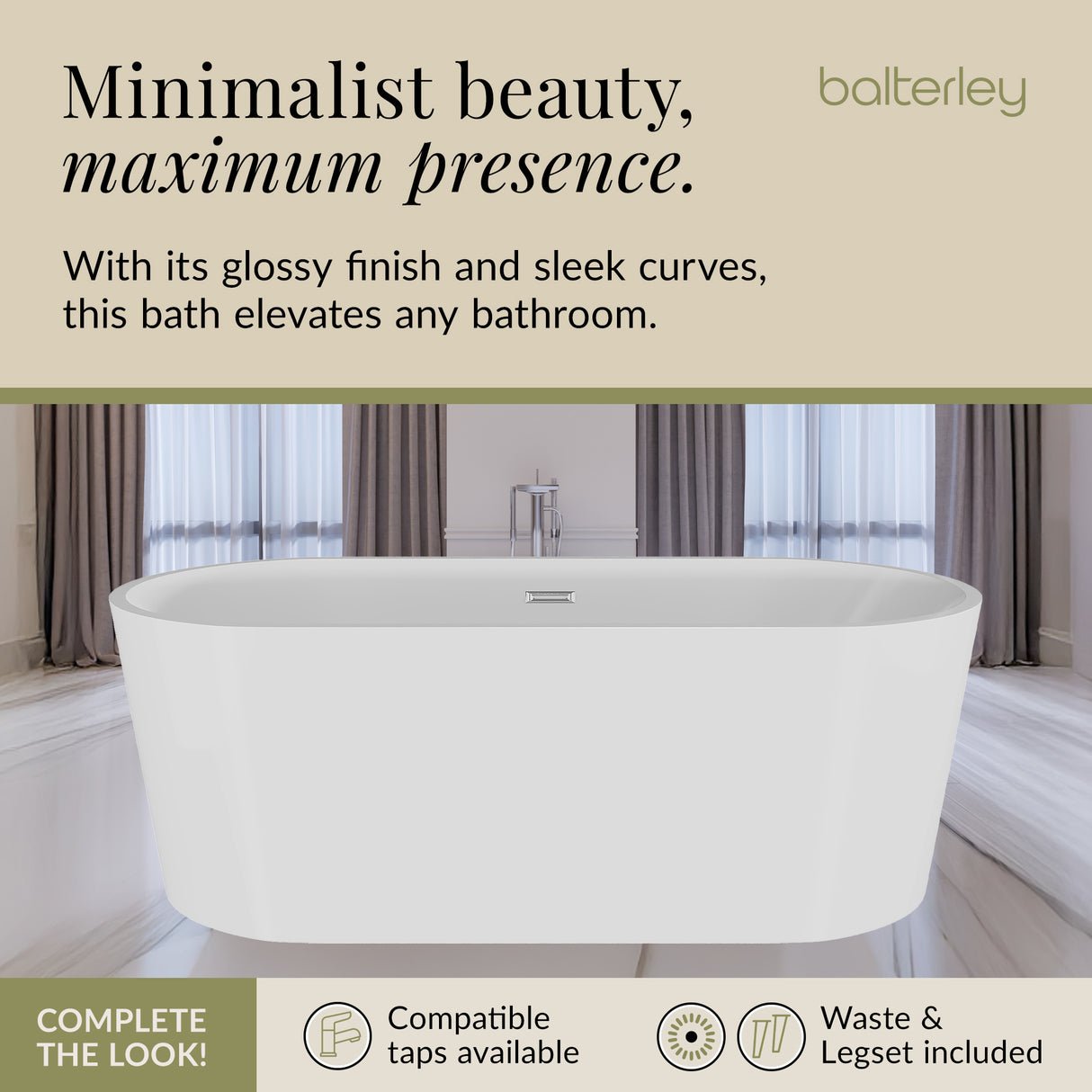 Contemporary Rounded Rectangular Freestanding Bath and Waste from Balterley - Multiple Sizes Available