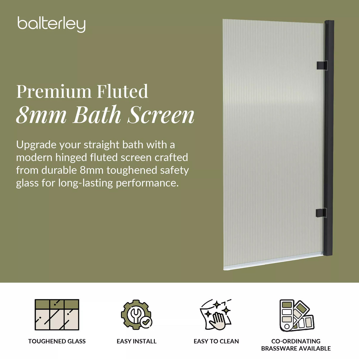 Contemporary 8mm Toughened Safety Glass Square Hinged Fluted Bath Screen - 1520 x 830 x 24mm - Choice of Colour