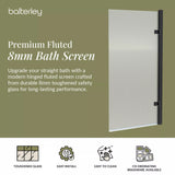 Contemporary 8mm Toughened Safety Glass Square Hinged Fluted Bath Screen - 1520 x 830 x 24mm - Choice of Colour