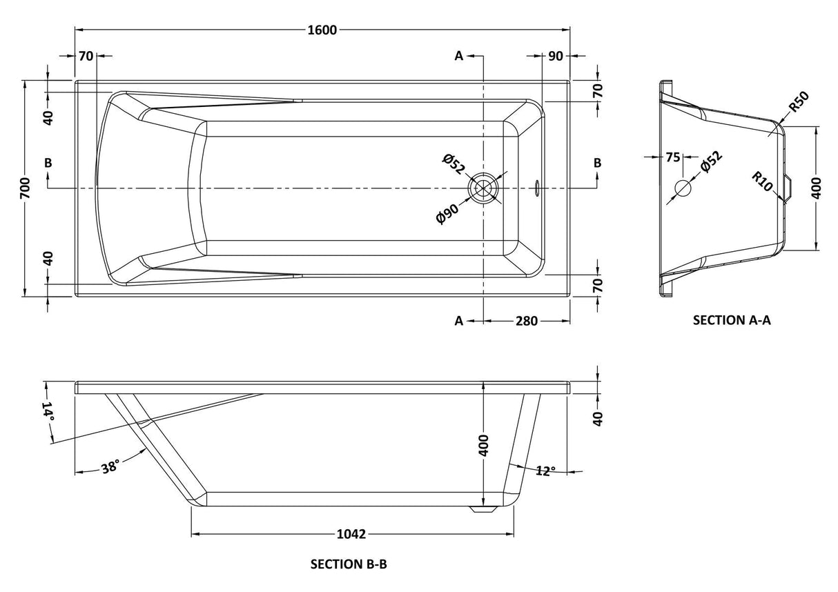 Contemporary Square Single Ended Bath Tub & Leg Set - Multiple Sizes