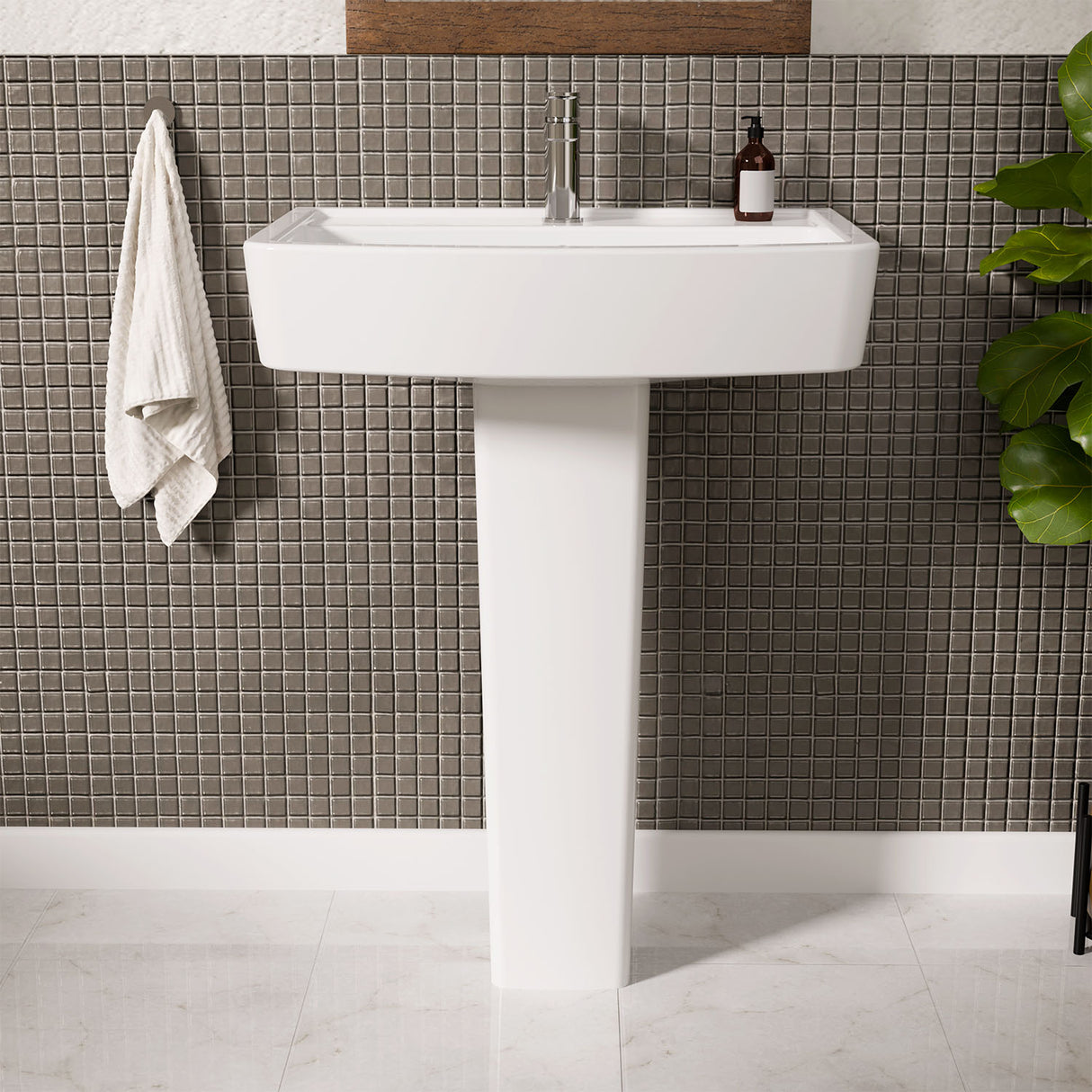 Modern White Square 1 Tap Hole Bathroom Basin & Full Pedestal – Choice of Size (520mm or 600mm)