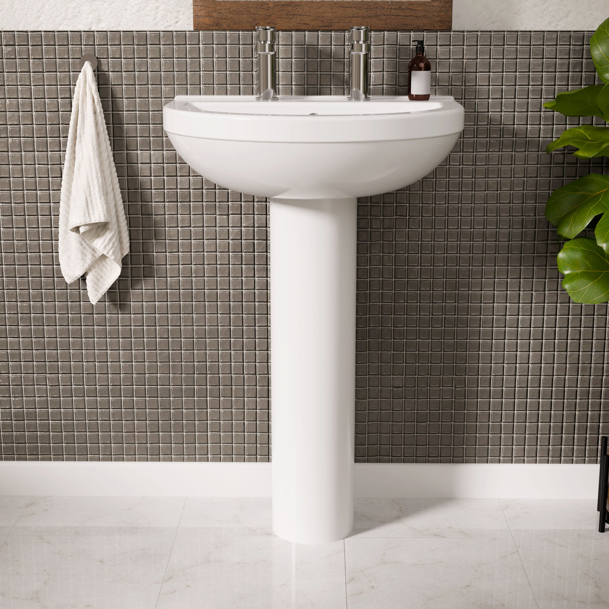 Round Bathroom Ceramic Basin and Full Pedestal - 550mm - 1 or 2 Tap Hole