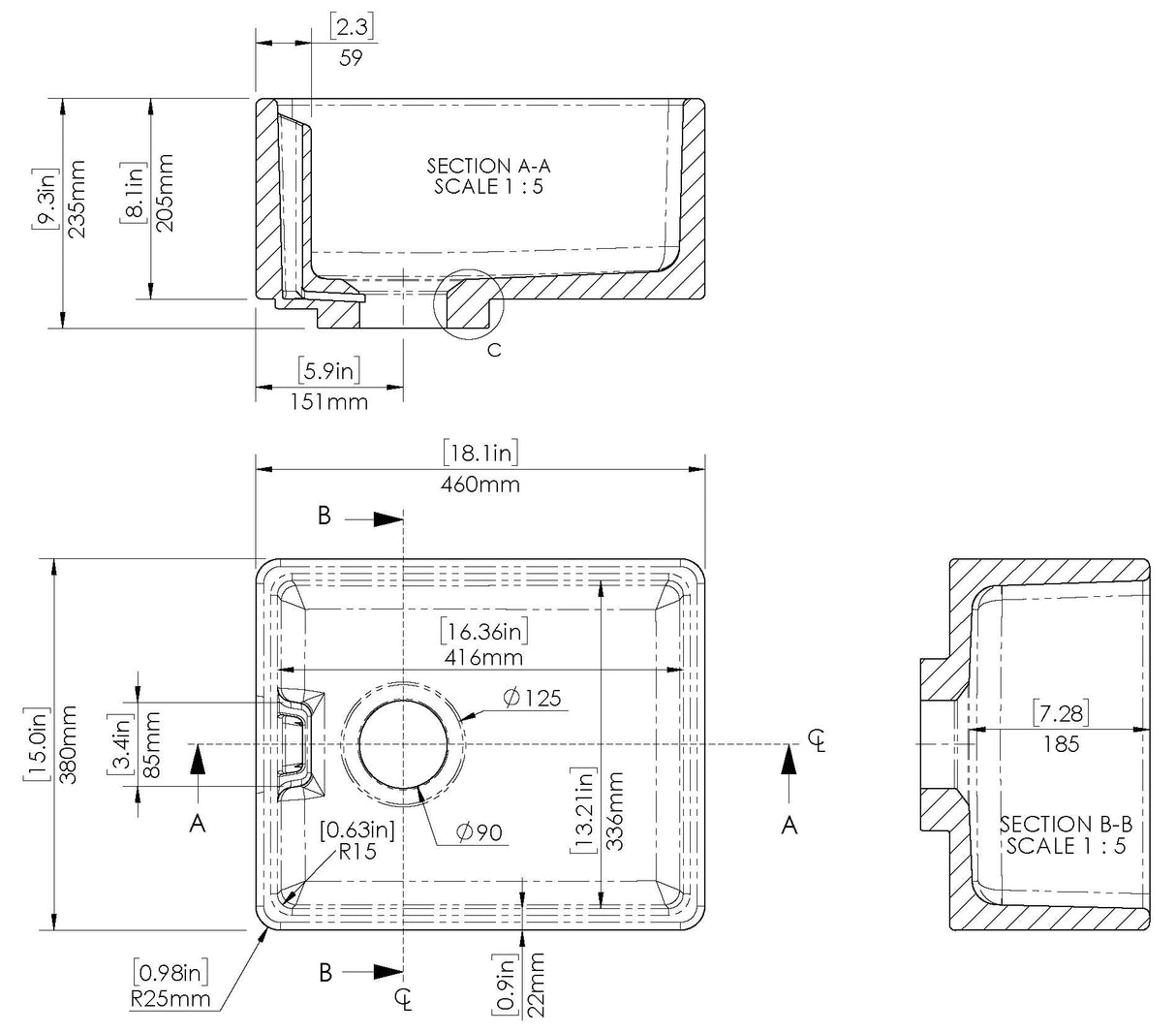 Single Bowl Belfast Kitchen Sink with Overflow