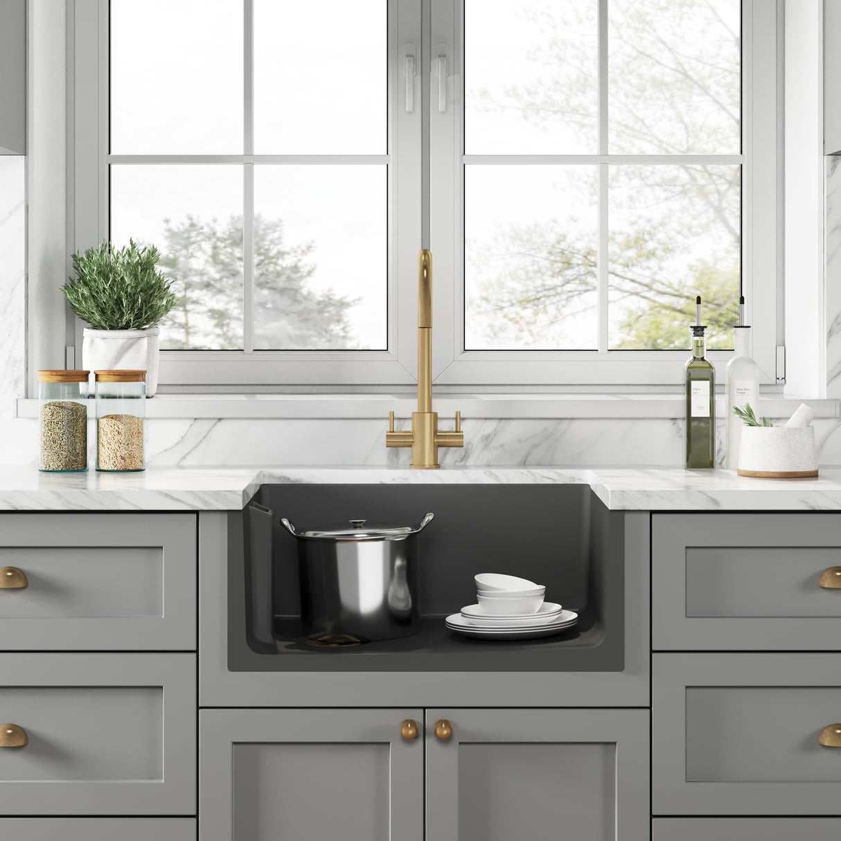 Single Bowl Fireclay Ceramic Belfast Kitchen Sink with Built In Overflow - 595mm - Multiple Colours