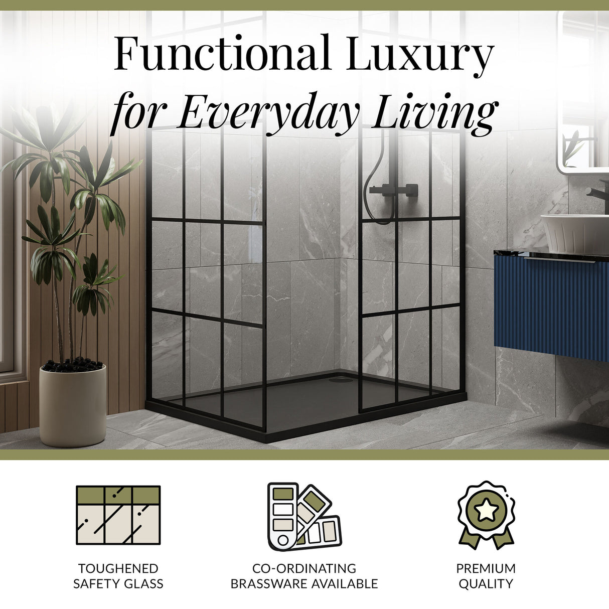 Contemporary 8mm Glass Walk In Wetroom Screens with Matt Black Framed Design and Shower Tray - Choice of Size