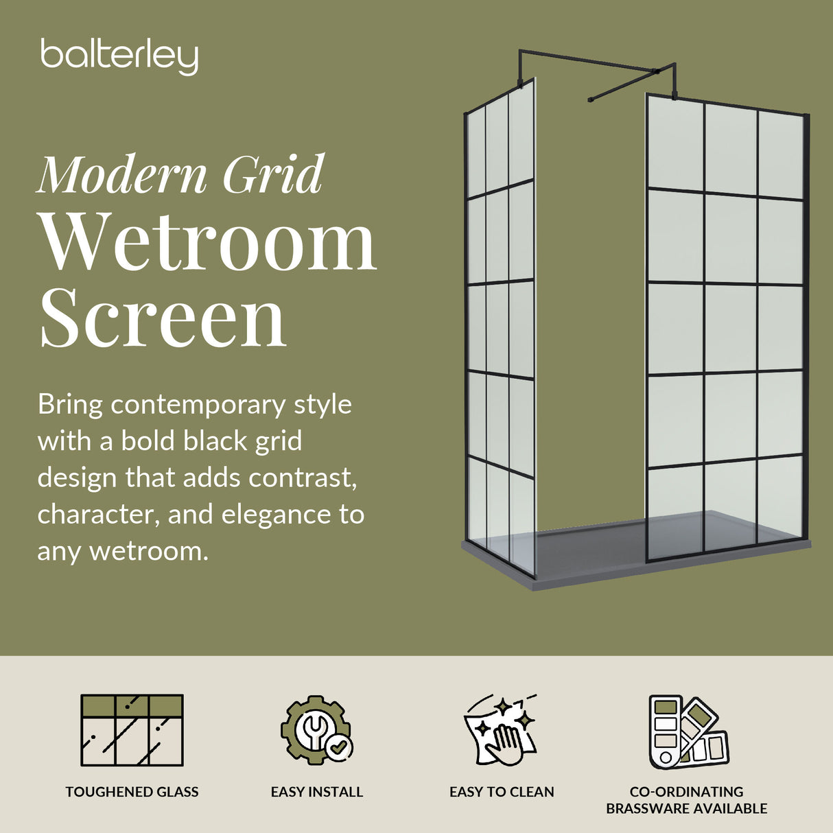 Contemporary 8mm Glass Walk In Wetroom Screens with Matt Black Framed Design and Shower Tray - Choice of Size