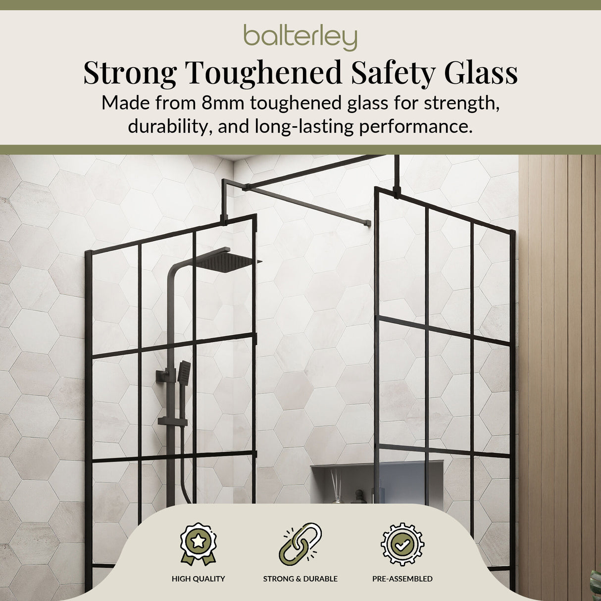 Contemporary 8mm Glass Walk In Wetroom Screens with Matt Black Framed Design and Shower Tray - Choice of Size