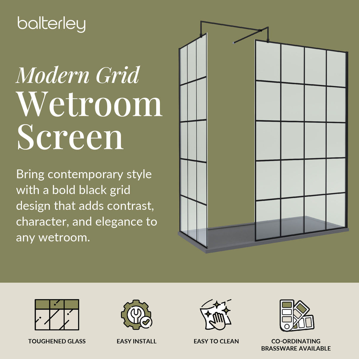 Contemporary 8mm Glass Walk In Wetroom Screens with Matt Black Framed Design and Shower Tray - Choice of Size