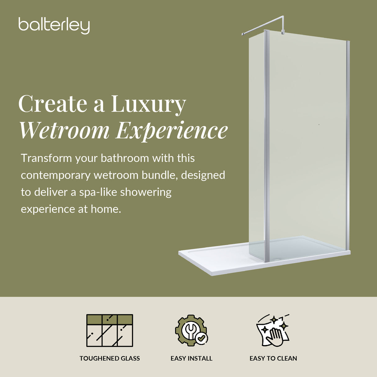 Contemporary 8mm Glass Walk In Wetroom Screen and Hinged Return Screen and Shower Tray - Choice of Size and Finish