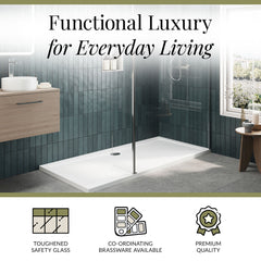 Contemporary 8mm Glass Walk In Wetroom Screen and Hinged Return Screen and Shower Tray - Choice of Size and Finish