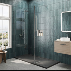 Contemporary 8mm Glass Walk In Wetroom Screen and Hinged Return Screen and Shower Tray - Choice of Size and Finish