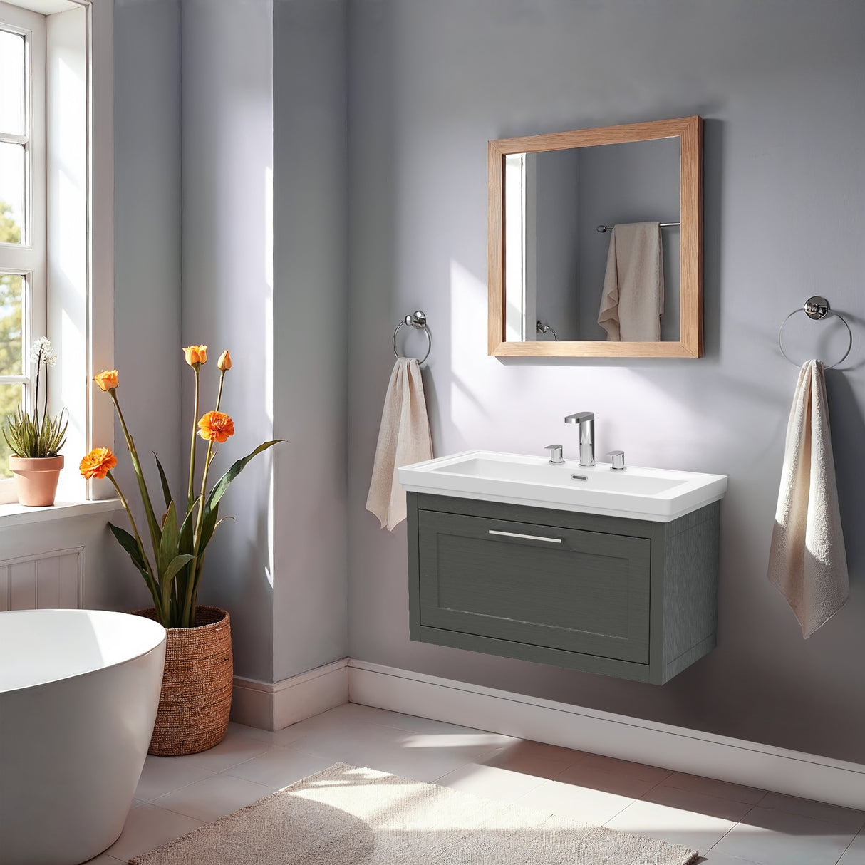 Traditional Wall Hung Vanity Basin Unit with Fireclay Basin - Choice of Size, Colour and Basin Type