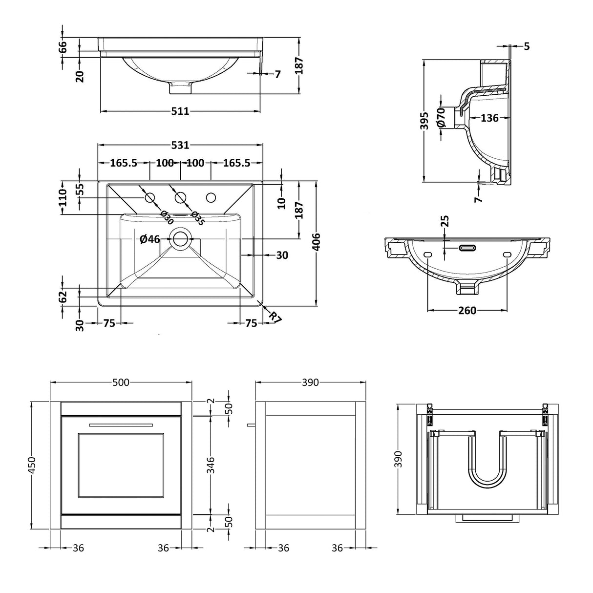 Traditional Wall Hung Vanity Basin Unit with Fireclay Basin - Choice of Size, Colour and Basin Type