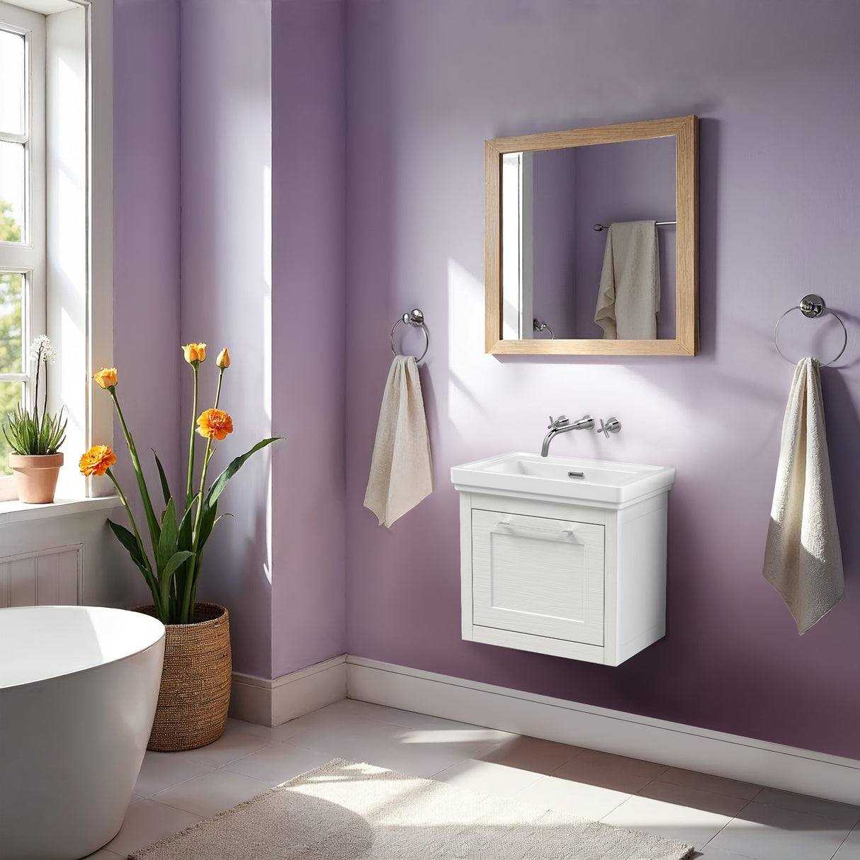 Traditional Wall Hung Vanity Basin Unit with Fireclay Basin - Choice of Size, Colour and Basin Type