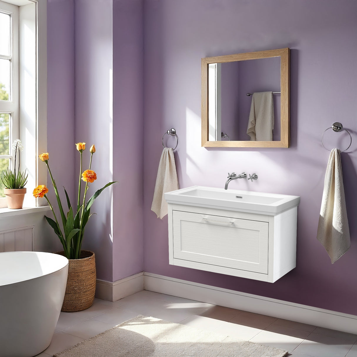 Traditional Wall Hung Vanity Basin Unit with Fireclay Basin - Choice of Size, Colour and Basin Type