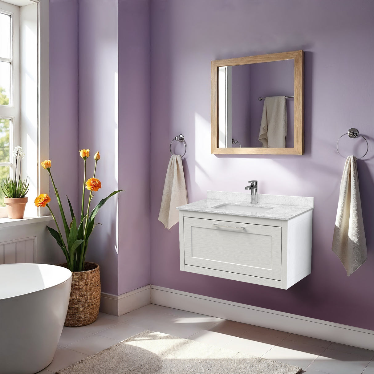 Traditional Bathroom Wall Hung Vanity Unit and Marble Worktop Basin - Choice of Size and Colour