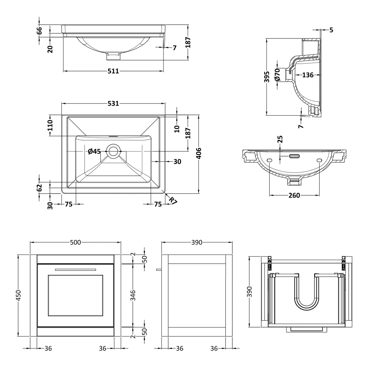 Traditional Wall Hung Vanity Basin Unit with Fireclay Basin - Choice of Size, Colour and Basin Type
