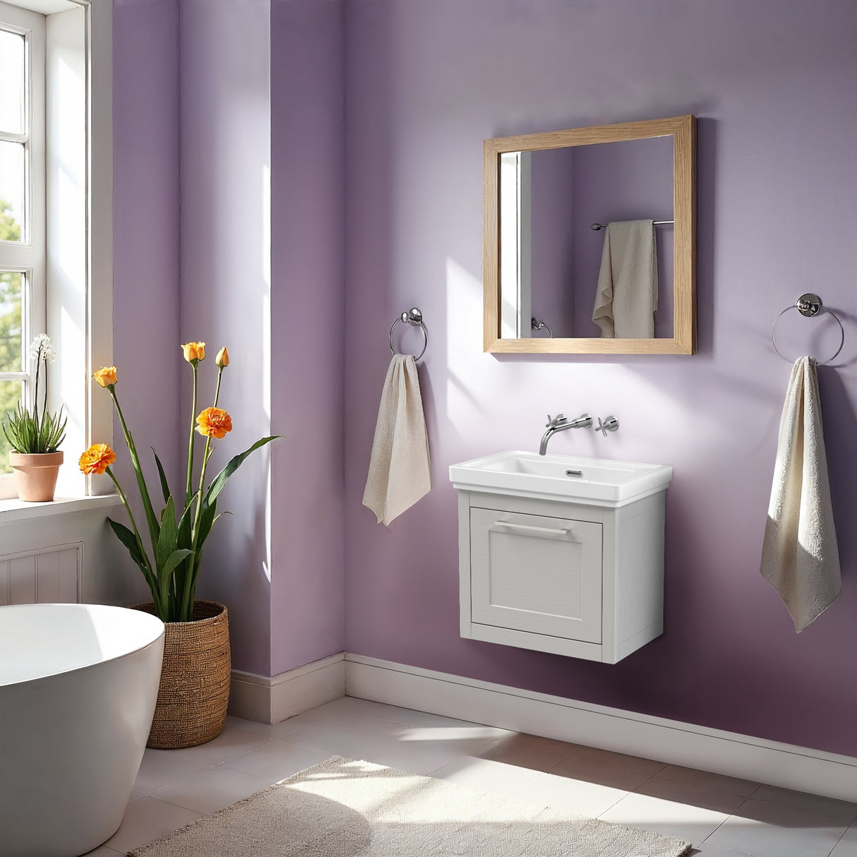 Traditional Wall Hung Vanity Basin Unit with Fireclay Basin - Choice of Size, Colour and Basin Type
