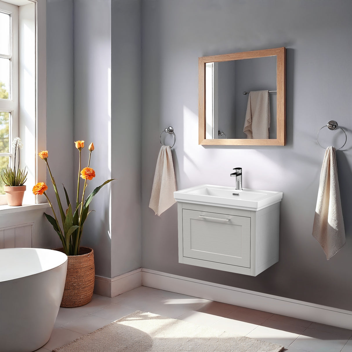Traditional Wall Hung Vanity Basin Unit with Fireclay Basin - Choice of Size, Colour and Basin Type