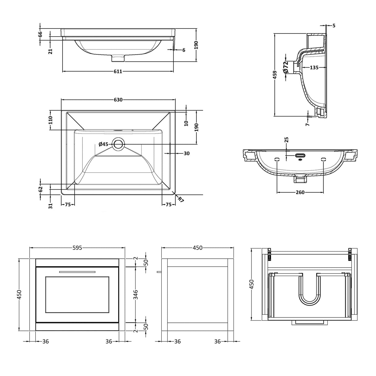 Traditional Wall Hung Vanity Basin Unit with Fireclay Basin - Choice of Size, Colour and Basin Type