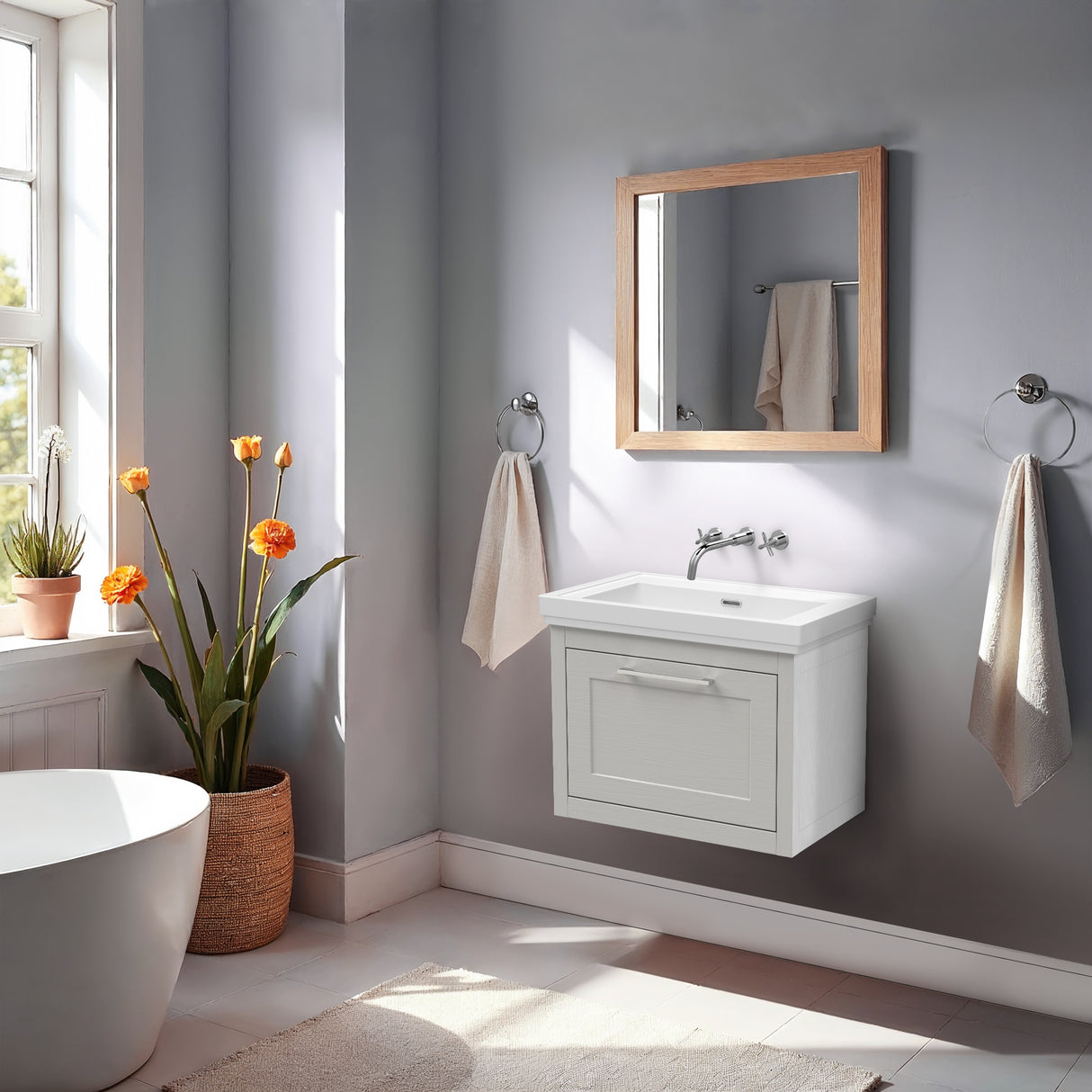 Traditional Wall Hung Vanity Basin Unit with Fireclay Basin - Choice of Size, Colour and Basin Type