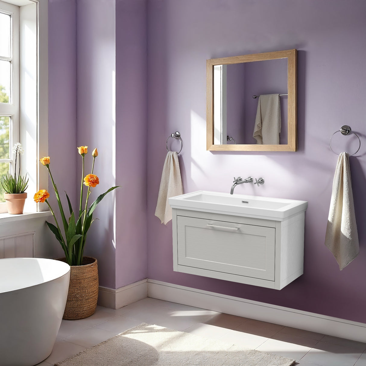 Traditional Wall Hung Vanity Basin Unit with Fireclay Basin - Choice of Size, Colour and Basin Type