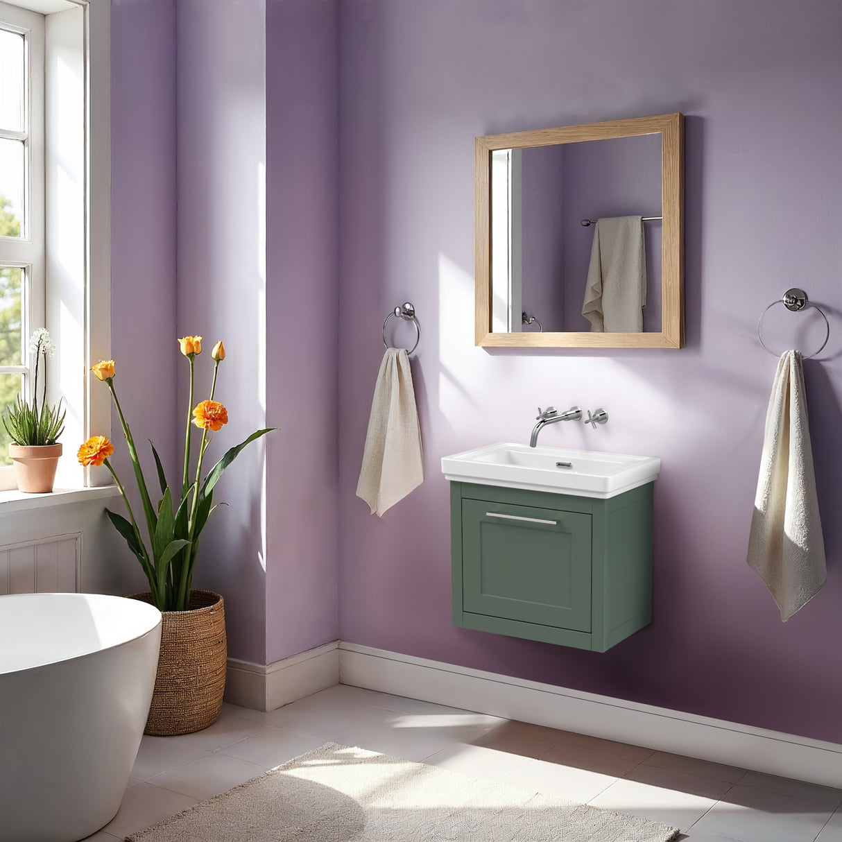Traditional Wall Hung Vanity Basin Unit with Fireclay Basin - Choice of Size, Colour and Basin Type