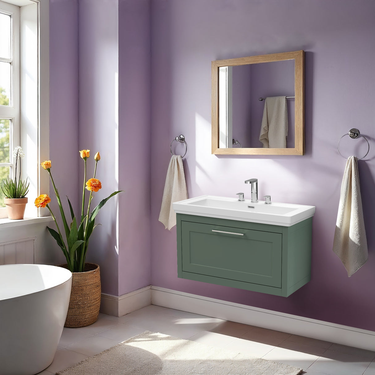 Traditional Wall Hung Vanity Basin Unit with Fireclay Basin - Choice of Size, Colour and Basin Type
