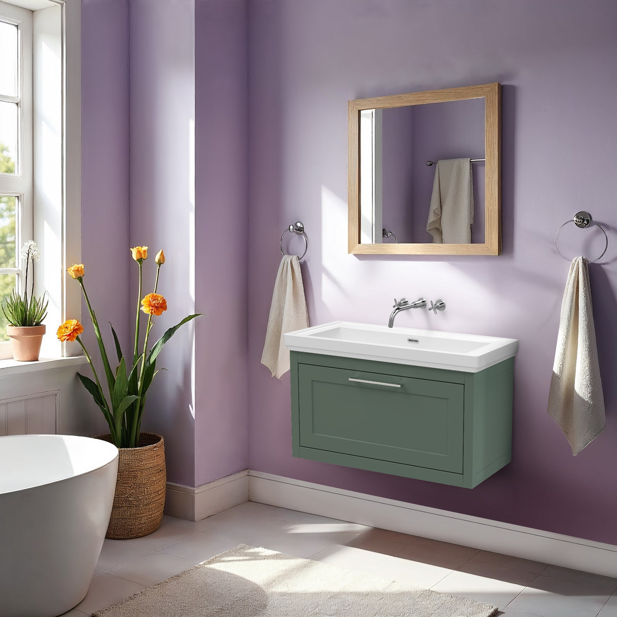 Traditional Wall Hung Vanity Basin Unit with Fireclay Basin - Choice of Size, Colour and Basin Type