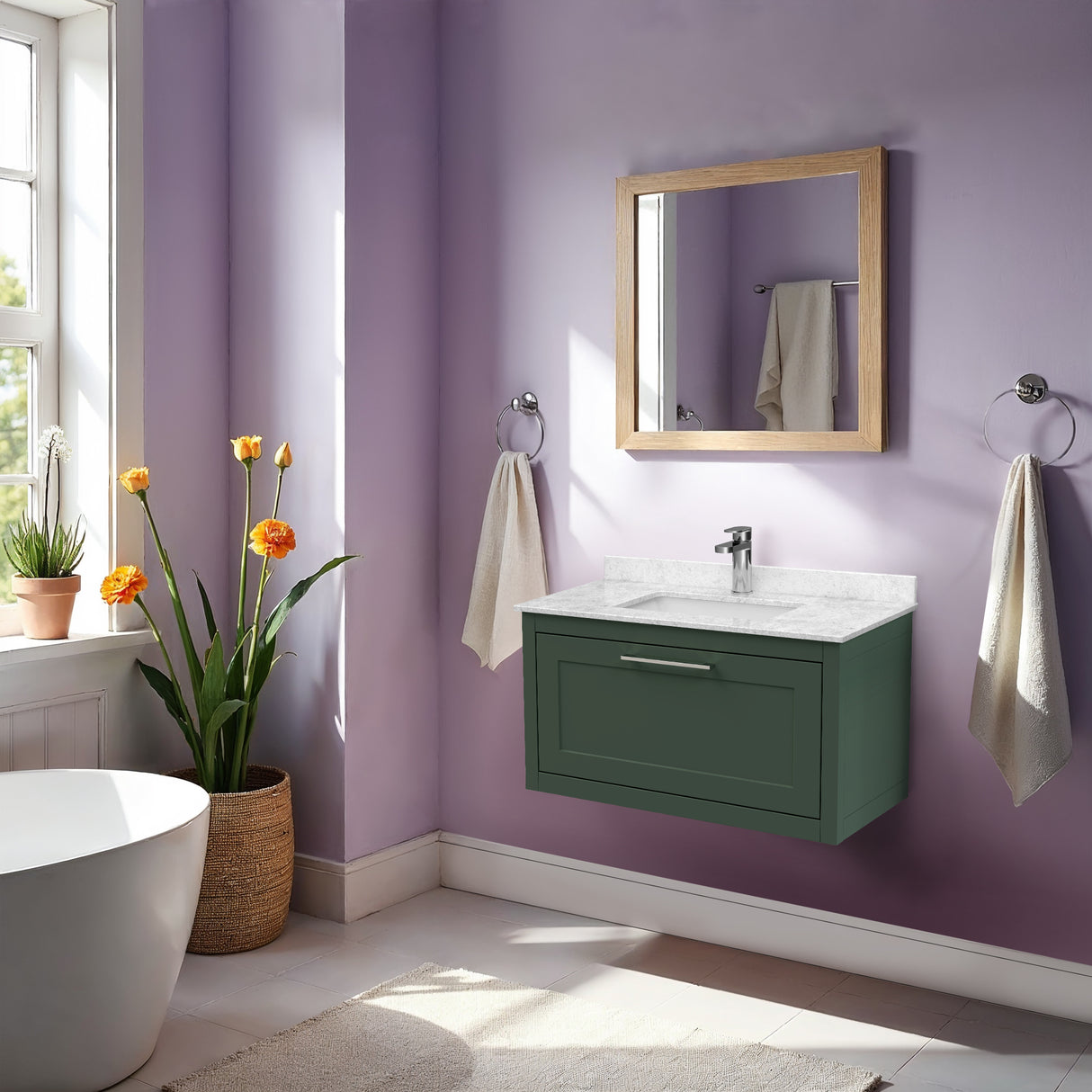 Traditional Bathroom Wall Hung Vanity Unit and Marble Worktop Basin - Choice of Size and Colour