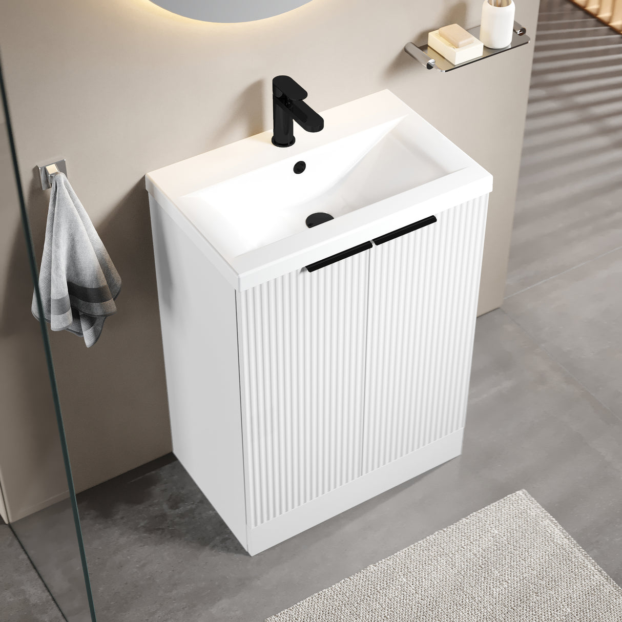 Fluted Front Floor Standing Vanity Basin Unit with Choice of Size, Colour and Handle Options