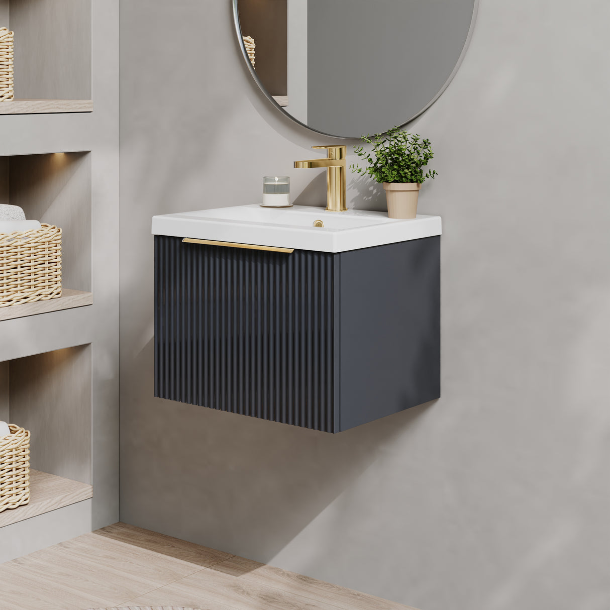 Fluted Front Wall Hung Vanity Basin Unit with Choice of Size, Colour and Handle Options