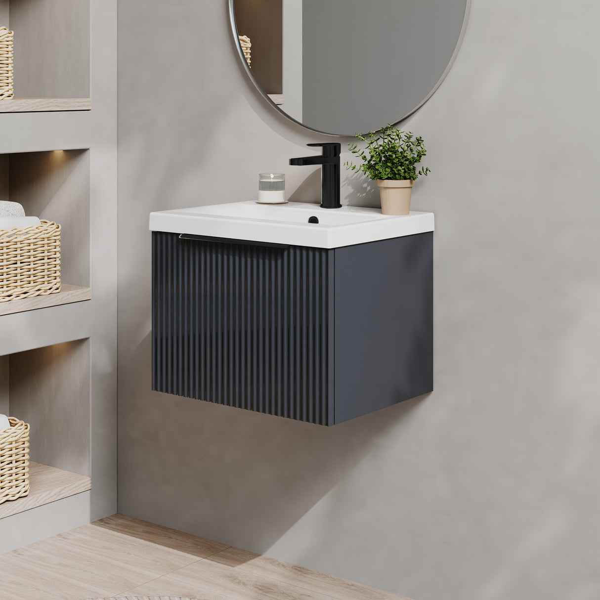 Fluted Front Wall Hung Vanity Basin Unit with Choice of Size, Colour and Handle Options