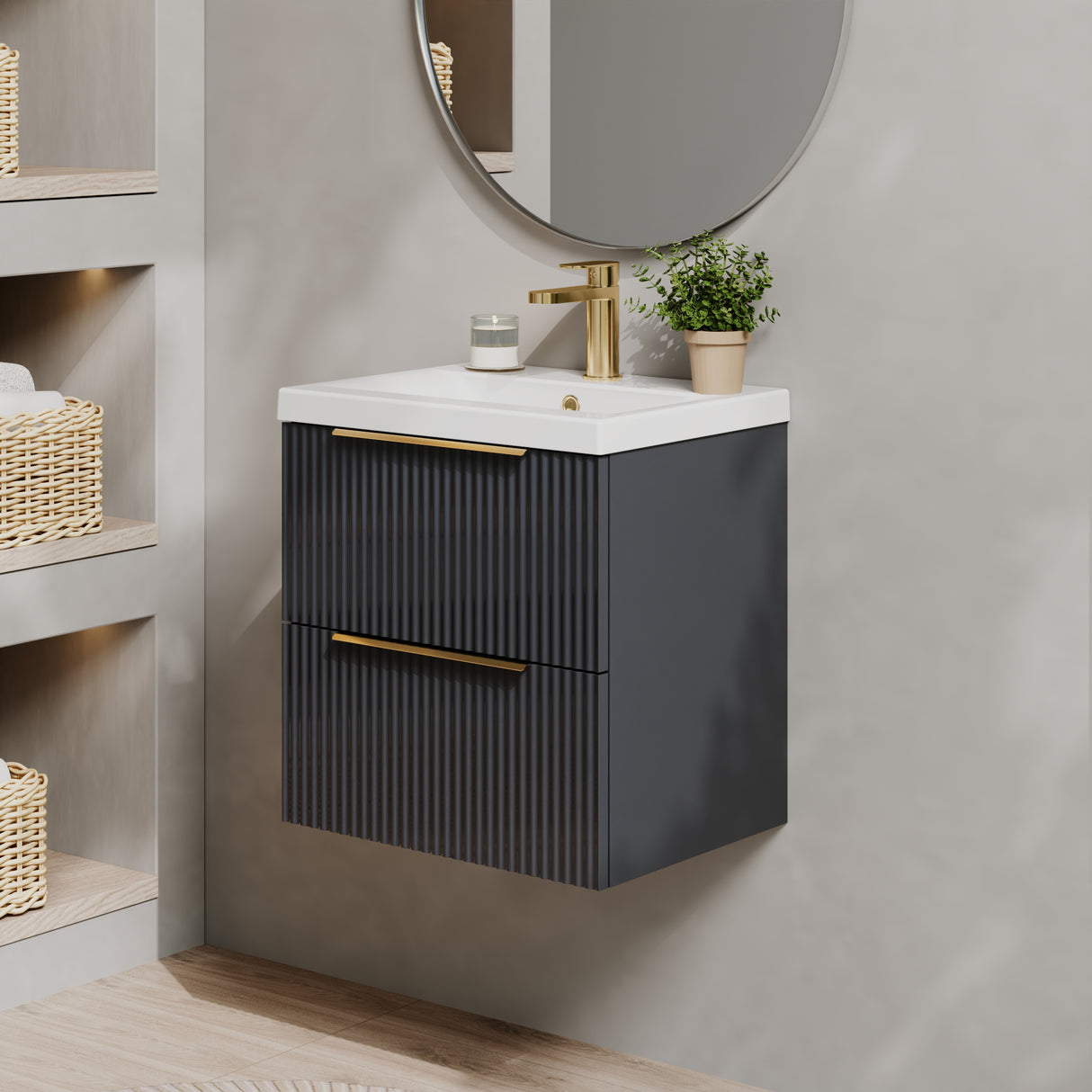 Fluted Front Wall Hung Vanity Basin Unit with Choice of Size, Colour and Handle Options